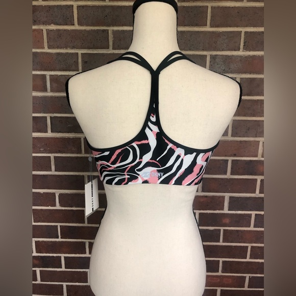 NWT DKNY Women's Printed Dizzy Strappy Sports Bra Size Medium New Pink Black - Picture 6 of 9